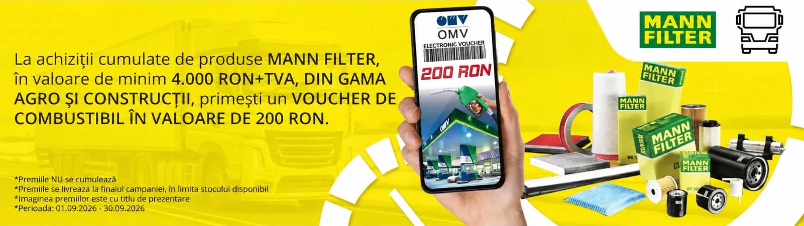MANN-FILTER — la achiziții cumulate de minim 4.000 RON+TVA din gama agro și construcții primești un voucher de combustibil de 200 RON